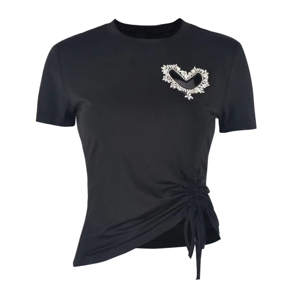 european and american export women's elegant heart-shaped rhinestone embellished irregular crew neck short sleeve t-shirt