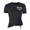 european and american export women's elegant heart-shaped rhinestone embellished irregular crew neck short sleeve t-shirt