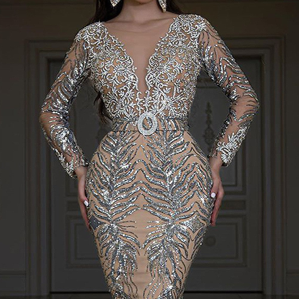 2025 new european and american style cross-border dress - gold foil long sleeve slim fit sexy mermaid train evening gown