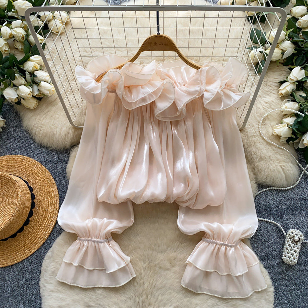 Sweet style one shoulder fungus chiffon shirt women's summerk-stylelong sleeveslooseslimming lookpinkeleganttops