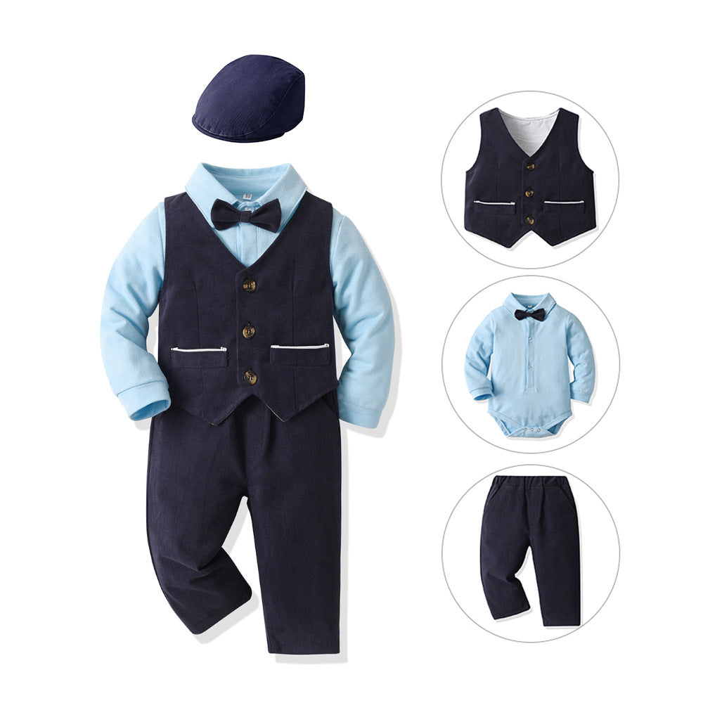 New korean style export children's suit: baby long-sleeve cotton shirt, vest set, and beret three-piece outfit