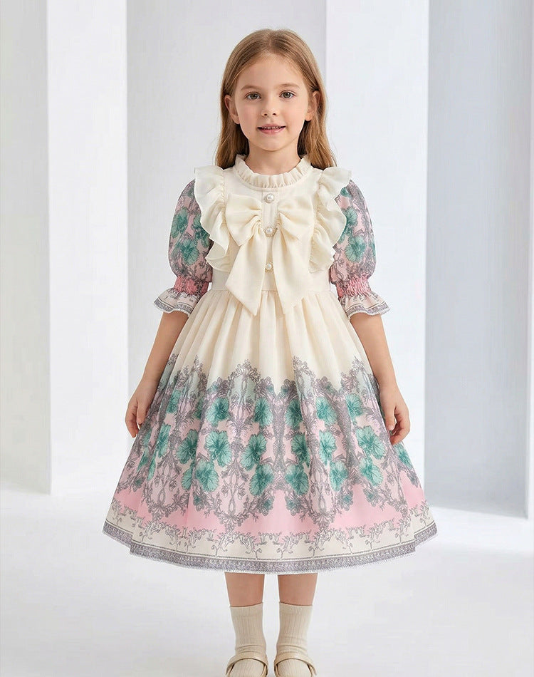Girls' chiffon printed custom pattern dress - stylish, trendy bubble sleeve - cross-border wholesale children's clothing
