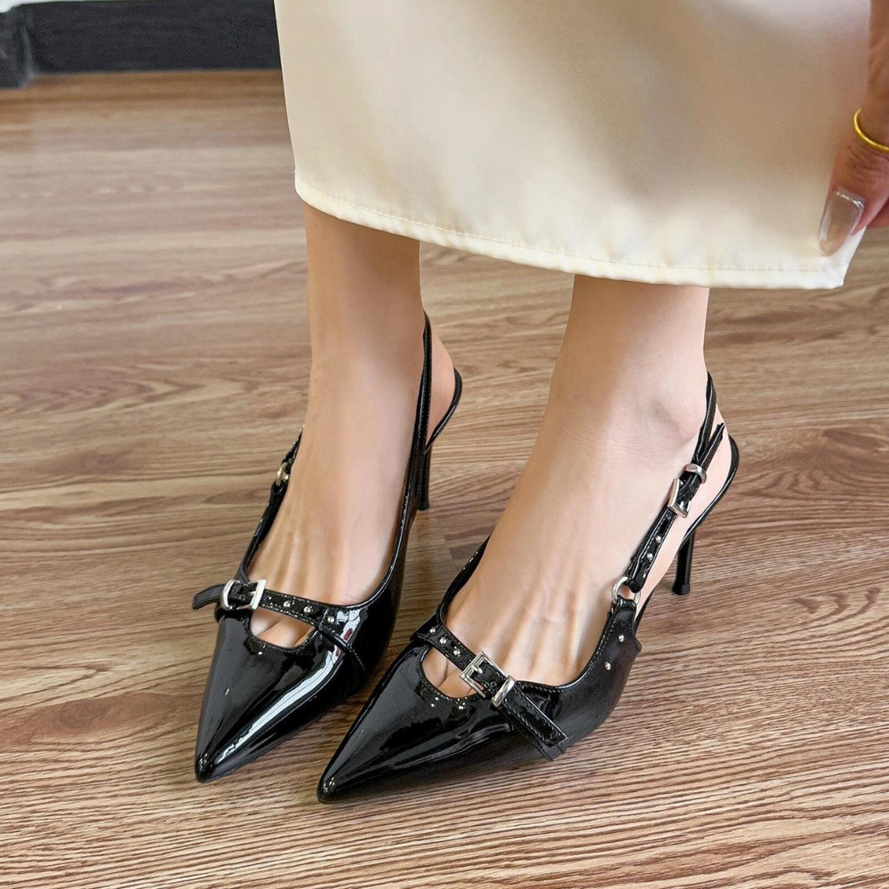 2026 spring/autumn new collection: closed-toe high heel sandals - black, elegant, versatile, unique rivet detail, patent leather stiletto, open back
