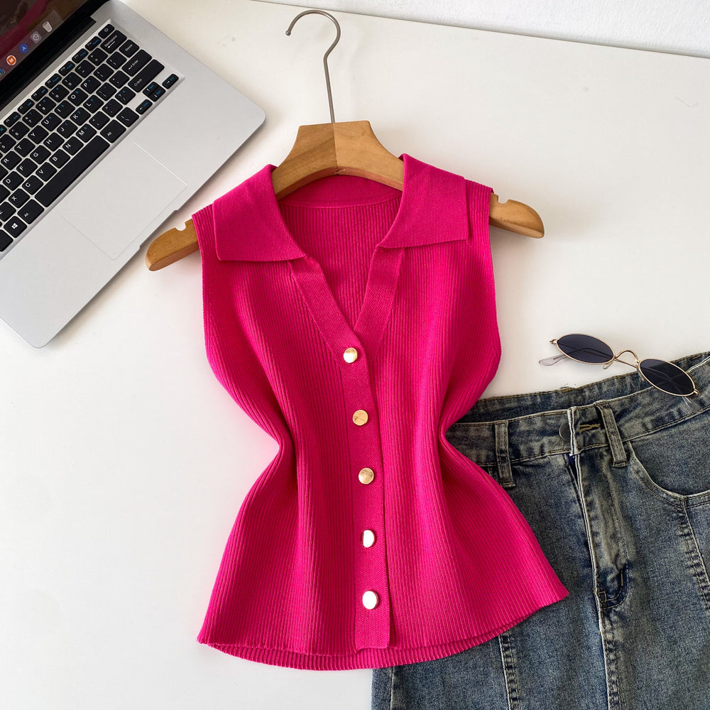 Light mature style sense of design lapel sleeveless knitting vest women's summerkorean style single breasted silm thin tops multi-color