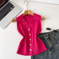 Light mature style sense of design lapel sleeveless knitting vest women's summerkorean style single breasted silm thin tops multi-color