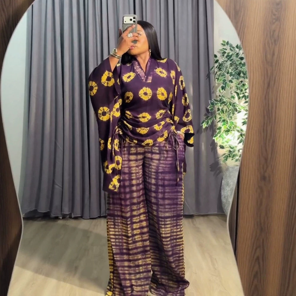african plus size women's clothing  summer new fashion v-neck printed drawstring top and wide-leg pants set