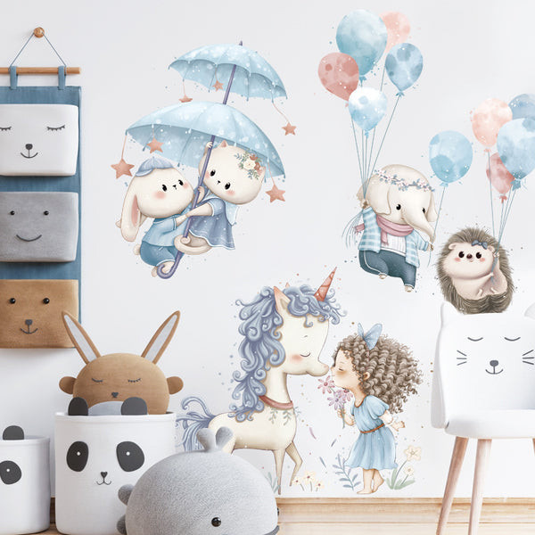 Unicorn children's room decoration sticker rabbit elephant cartoon cute sticker bedside balloon self-adhesive background wall sticker