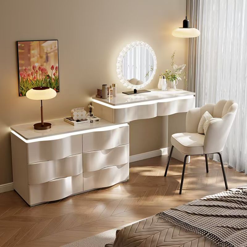 2025 new luxury solid wood vanity table - minimalist bedroom makeup desk with integrated chest of drawers, small storage cabinet, and makeup mirror