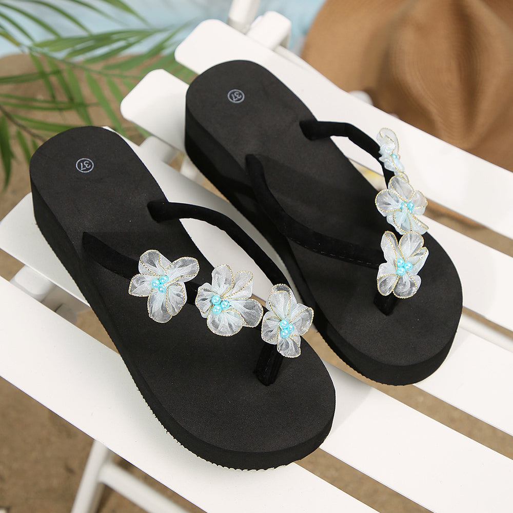 Plus size beach sandals women's summer fashion outdoor wear thick sole high heel slippers women's beach anti-slip floral wedge flip-flops