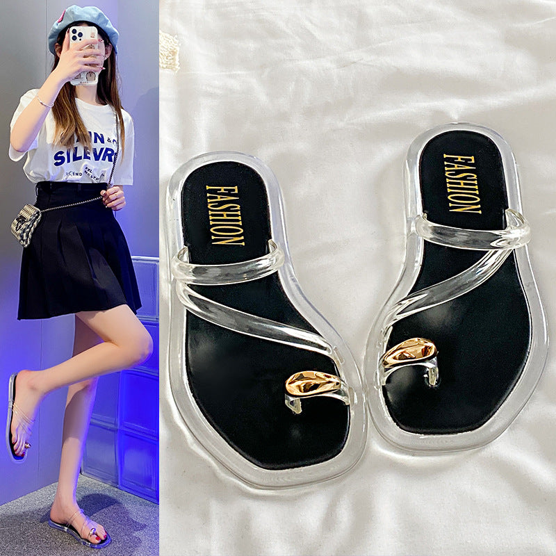 New gold buckle crystal thong sandals - women's summer outdoor wear, trendy, versatile, and non-slip crystal jelly slippers