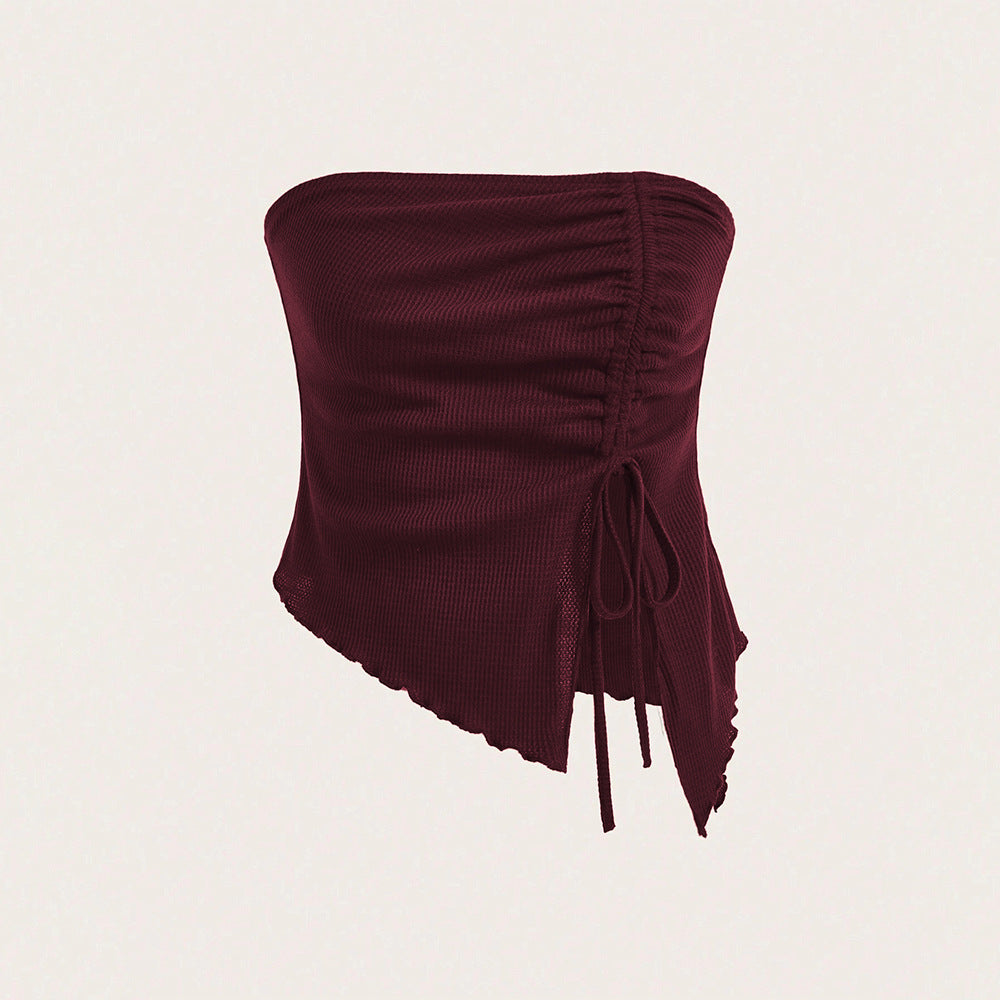 european and american women's clothing  summer new drawstring slit irregular waffle knit bodycon bandeau top