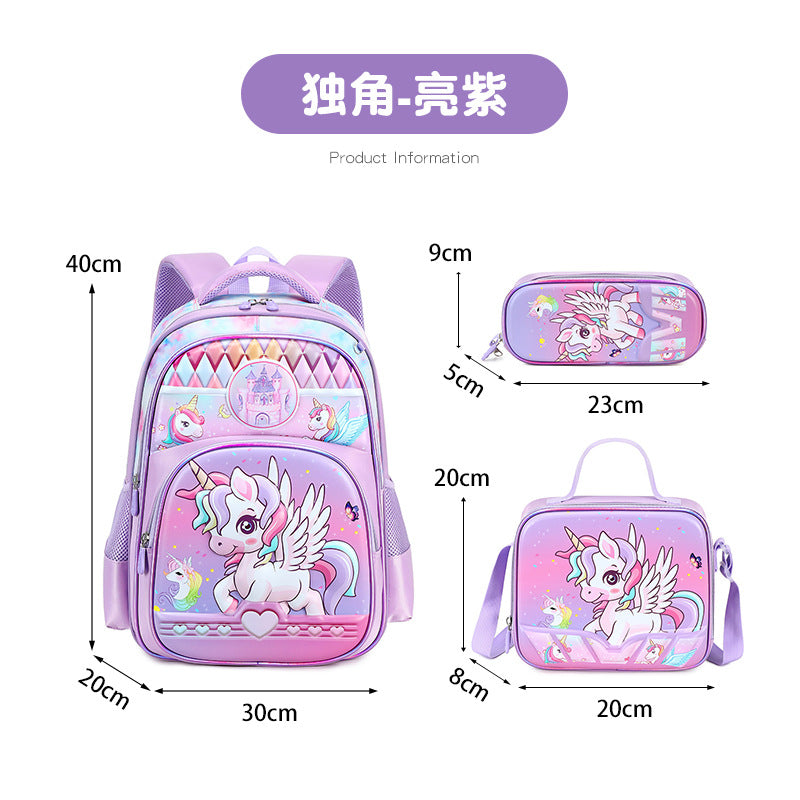 New unicorn trolley backpack set for elementary school students - cute cartoon design, three-piece set, large capacity, unisex