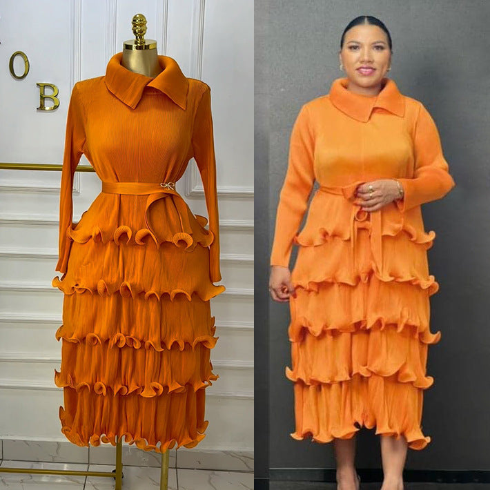 Miya pleated premium niche european & american retro collar tie-waist ruffle hem pleated elegant dress for women