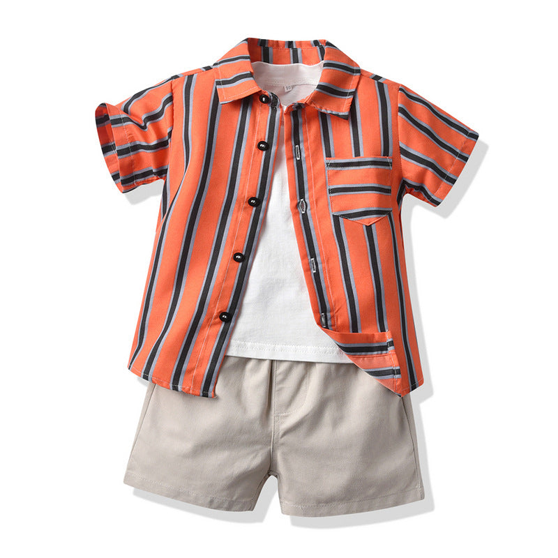 Korean style boys' summer outfit: new cotton short-sleeve shirt and shorts three-piece set - kids' casual wear