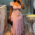 European and american cross-border women's fashion:  summer new arrival - elegant square neck, high-waisted, lace a-line midi/maxi short-sleeve dress