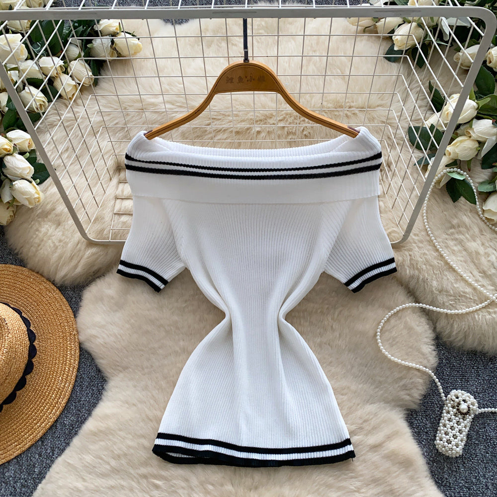 Korean style off-the-shoulder striped knit top - women's summer slim fit white short sleeve top -  new arrival base layer