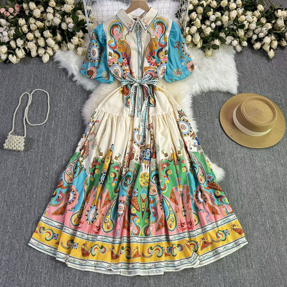 European and american cross-border  spring/summer new print fashion short sleeve puff sleeve tie-waist maxi dress for women