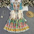 European and american cross-border  spring/summer new print fashion short sleeve puff sleeve tie-waist maxi dress for women
