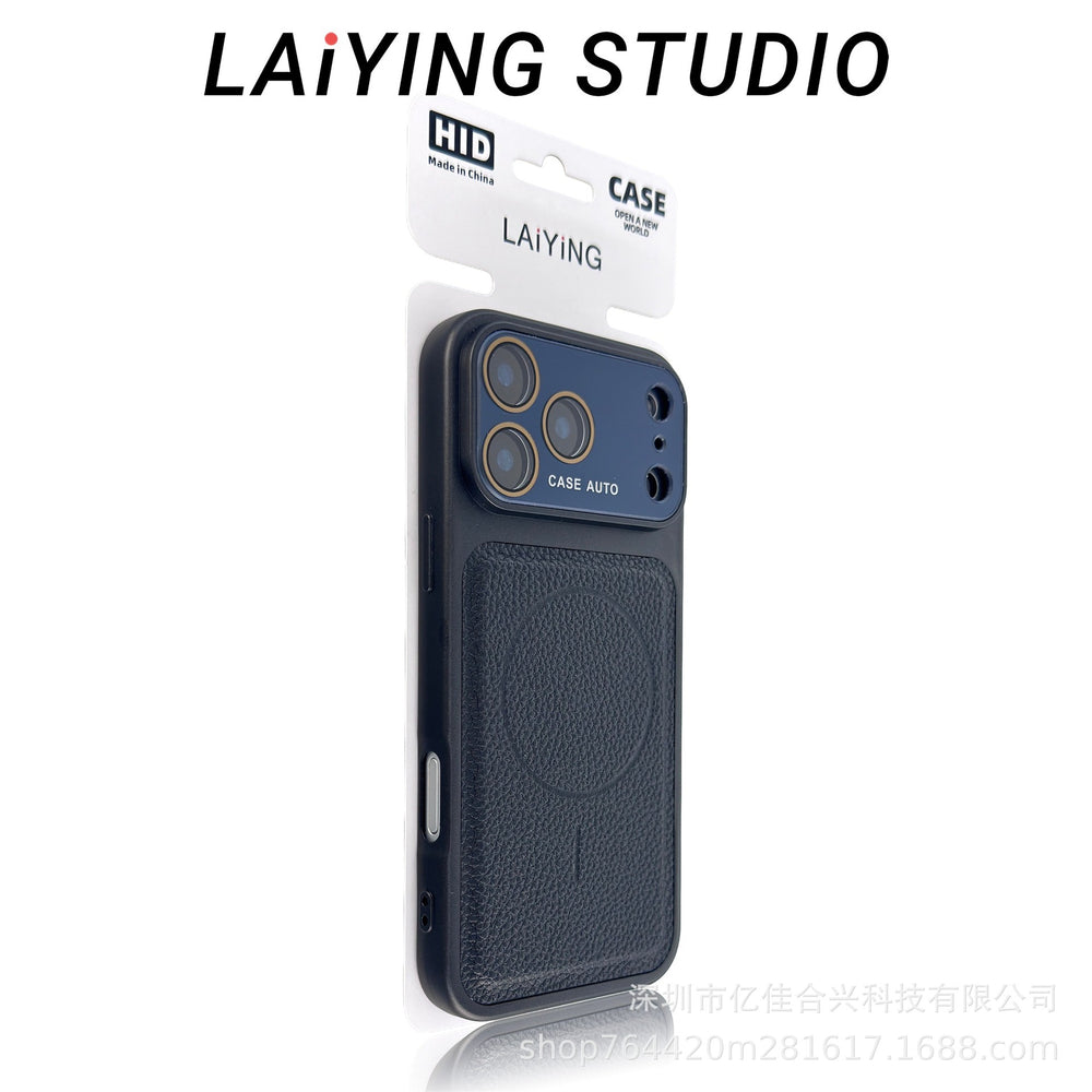 Crystal lens lychee grain magnetic apple 17 pro max phone case - cross-border iphone 11 drop-proof full coverage