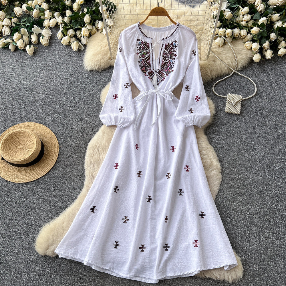 Ethnic style heavy industry embroider red dress women's summerk-stylelong sleeves waist slimming look a-line long skirt holiday style