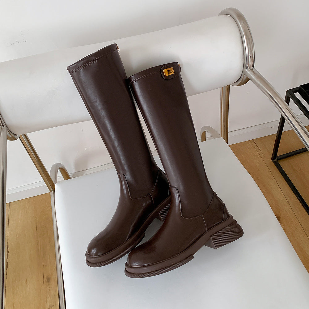 Petites thick heel boots women's thick round toe small gold buckle knee high knight boots boots 2025 brown black waterproof