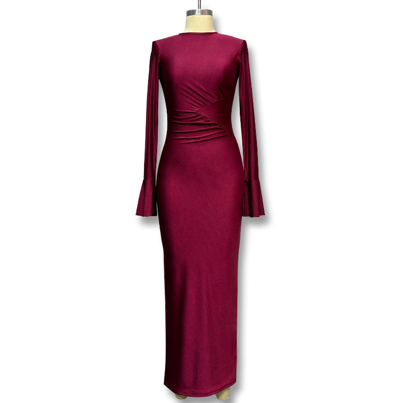 solid color crew neck right angle shoulder flared sleeve ruched bodycon mini dress -  international trade