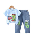 New boys' dinosaur skateboard print short-sleeve cotton t-shirt and jeans two-piece set - trendy summer outfit for toddlers and young children