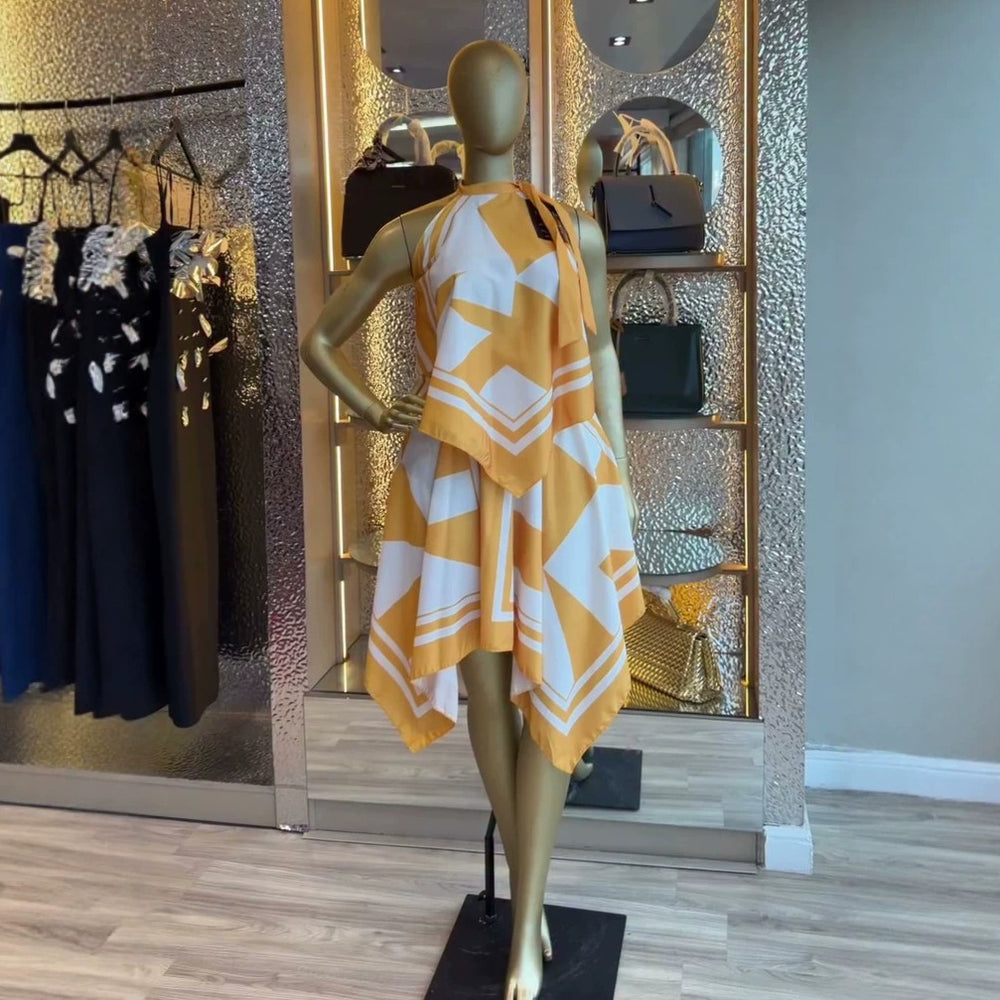 European and american cross-border women's fashion  summer new arrival: elegant halter neck irregular print sleeveless top and midi skirt set