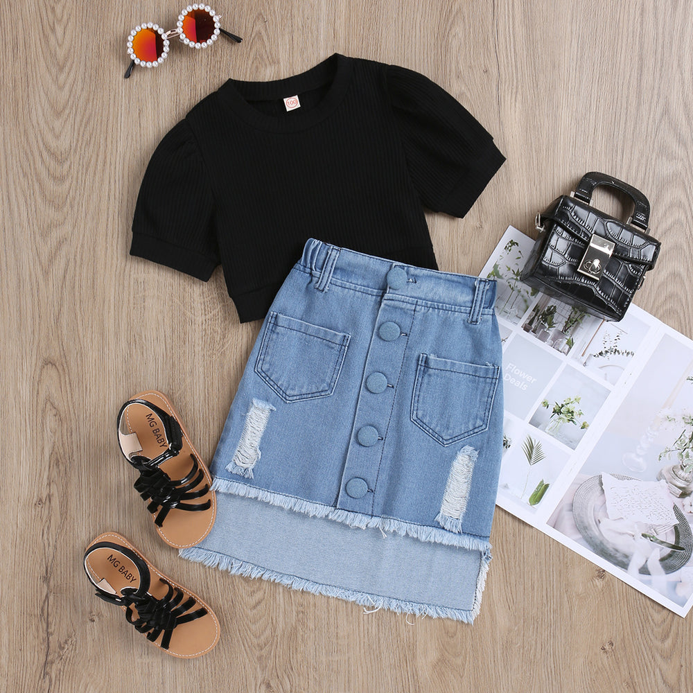 girls' new cotton ribbed top with washed denim distressed asymmetrical skirt two-piece set for toddlers and young children