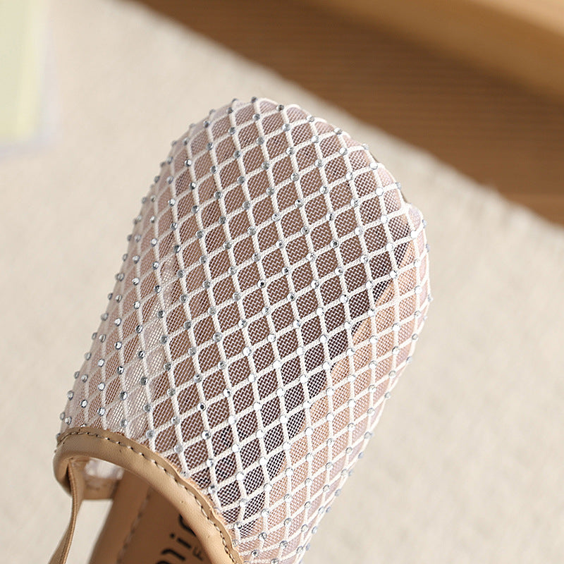 Mesh rhinestone toe-cap half slippers for women summeroutwearnew arrival one-leg cut out fishnet fairy lazy slippers