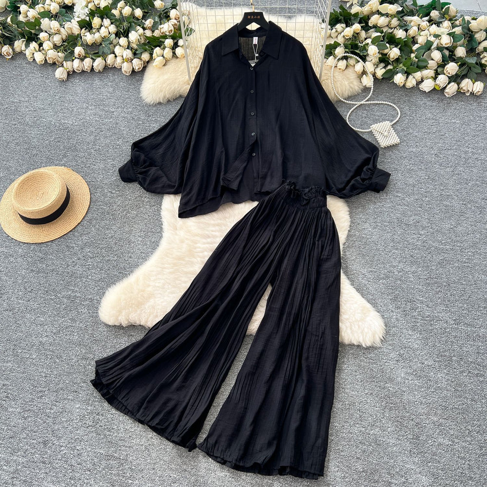 Fashion light mature style outfit for women looseslimming lookcasualeasiest for match lantern sleeve shirt high waist wide legstraight-leg pantssuit