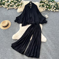 Fashion light mature style outfit for women looseslimming lookcasualeasiest for match lantern sleeve shirt high waist wide legstraight-leg pantssuit
