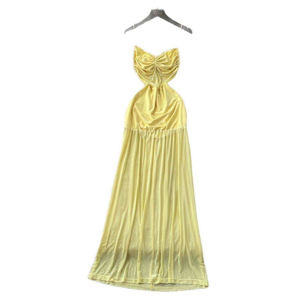 French chic design: twist knot ruched waist cami dress - women's slimming, backless maxi dress with mesh overlay