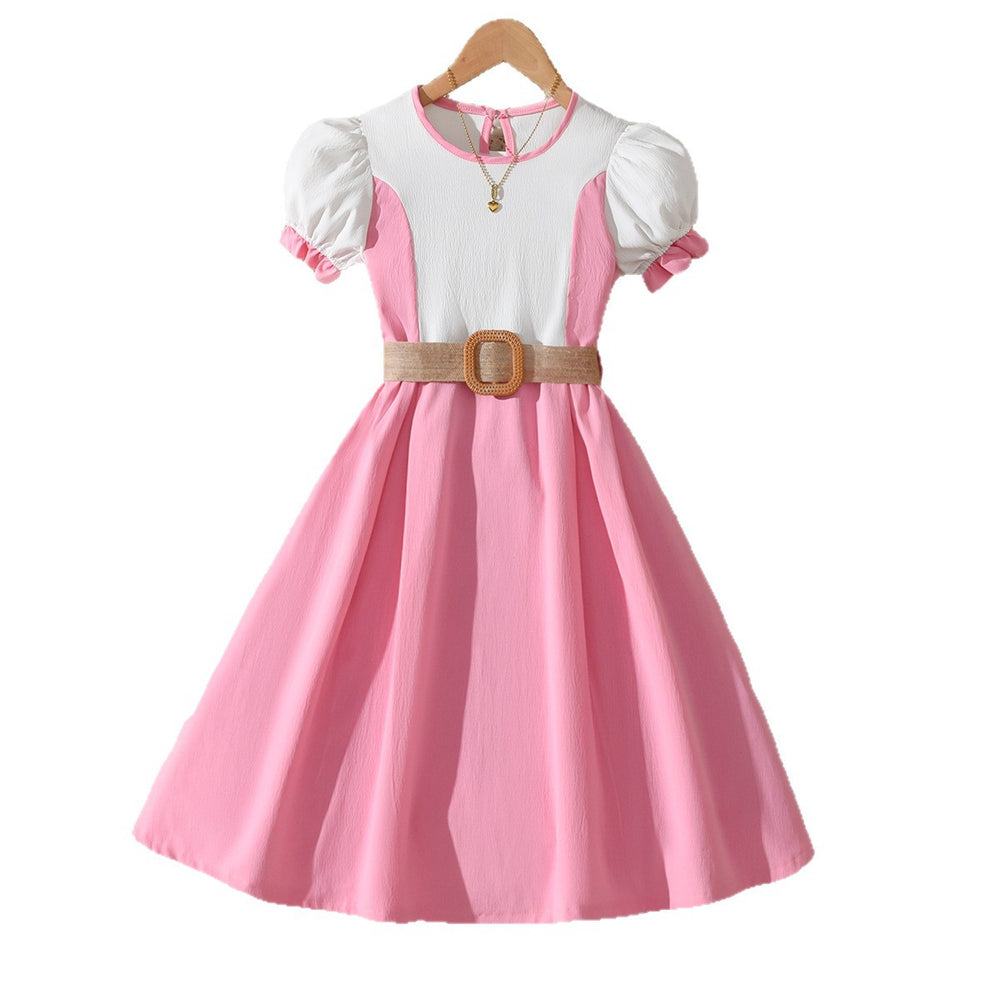 girls' dress - pink & white color block, bubble sleeves, belted waist, sweet princess style, summer children's skirt