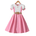 girls' dress - pink & white color block, bubble sleeves, belted waist, sweet princess style, summer children's skirt