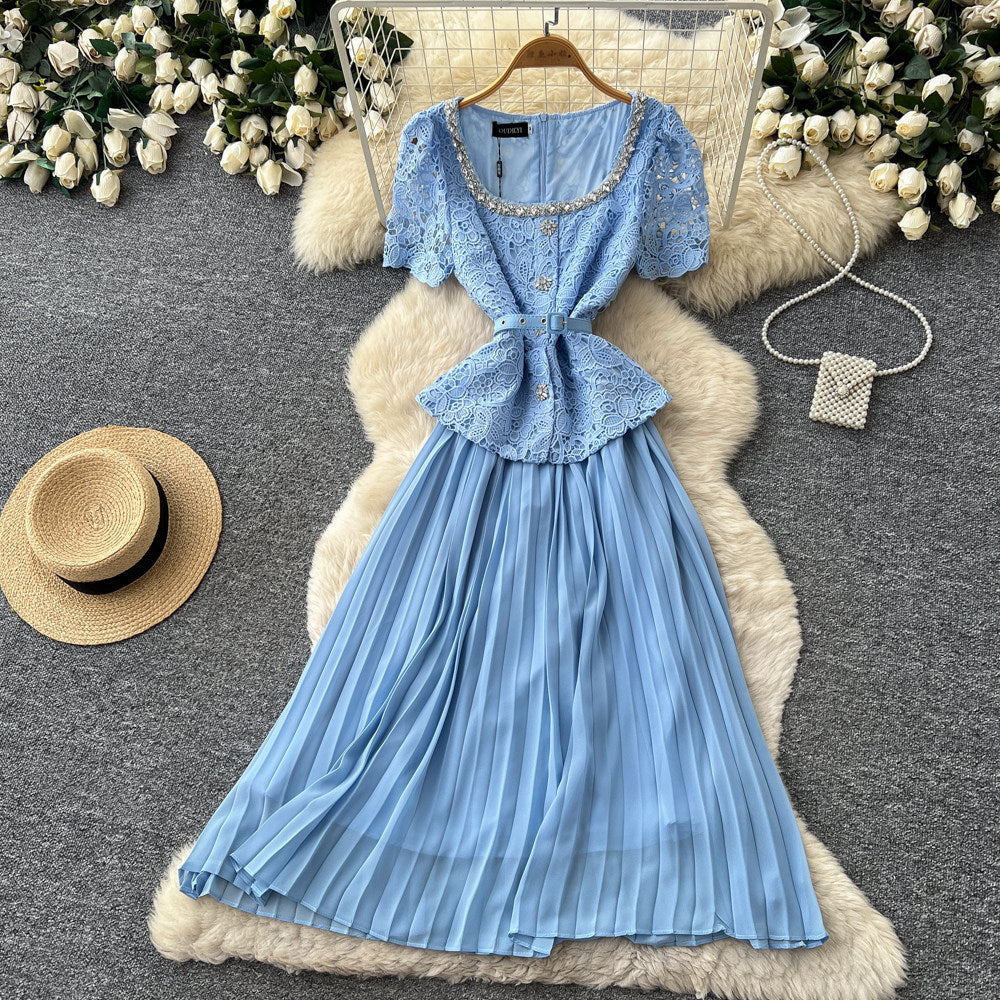 French chic lace patchwork short-sleeve dress - women's summer square neck, slimming, pleated maxi dress - elegant and refined