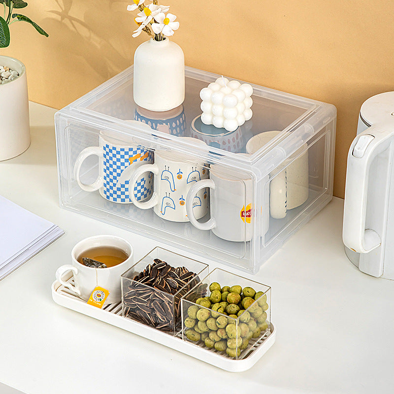 Desktop flip cover dust cup storage box plastic can be stacked water cup rack glass cup holder tea bag storage