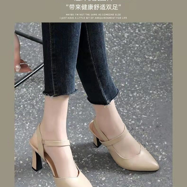 Pointed sandals women's small size bag head soft leather summer 2024 new middle heel empty soft leather fine heel spring and summer women's shoes