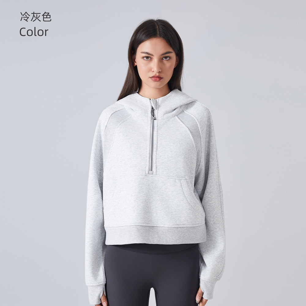 Fall and winterfleece-linedheattech yoga wear half-zip hooded sweatshirt outdoor fitness loose sports tops women's daw139