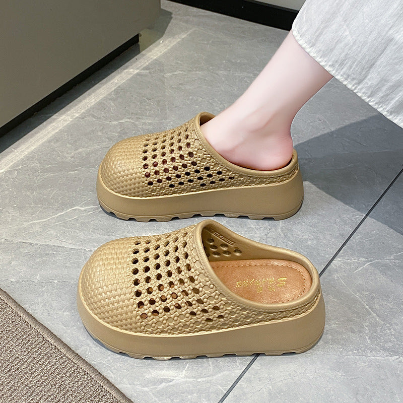 Summer new thick soleplatform shoes non-slip cut out breathable half slippers women's sandals pure color cut outoutwear toe shoes