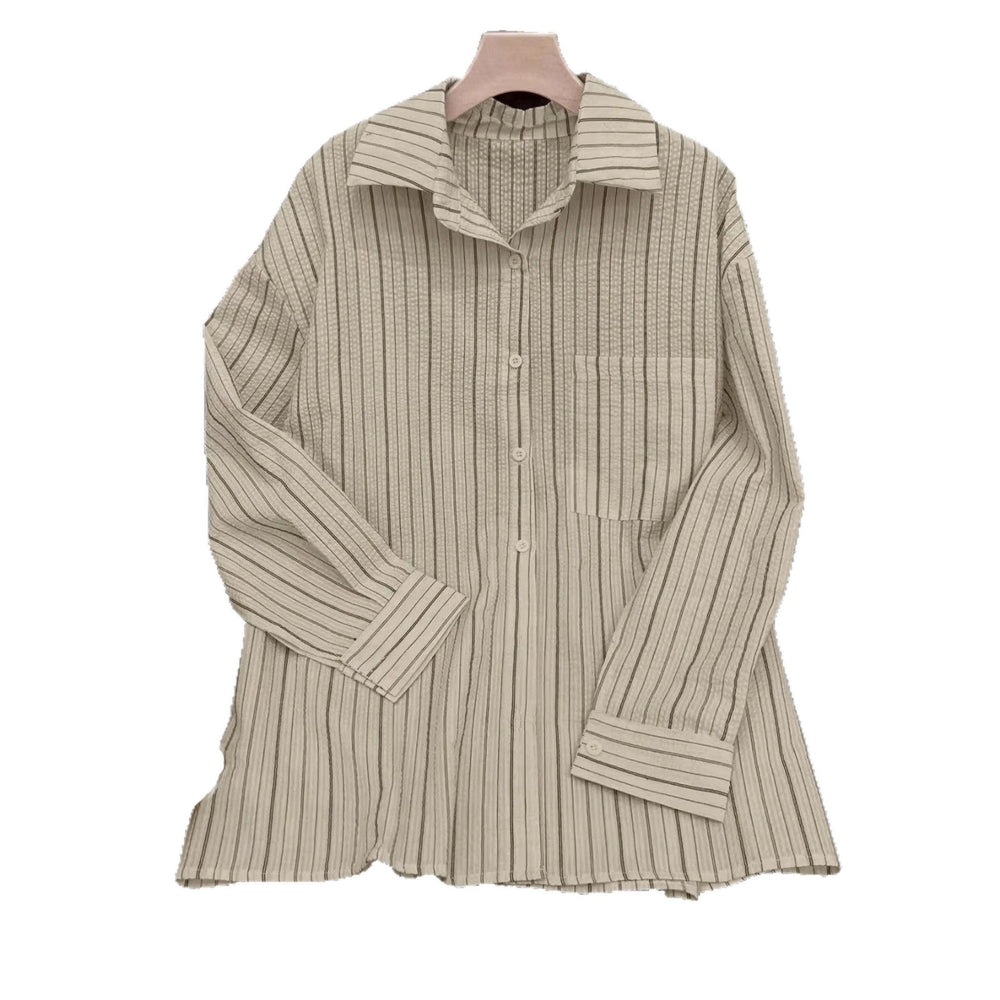 Amazon fashion cross-border women's retro vertical stripesloose lapel shirt lazy style casuallong sleevesshirt