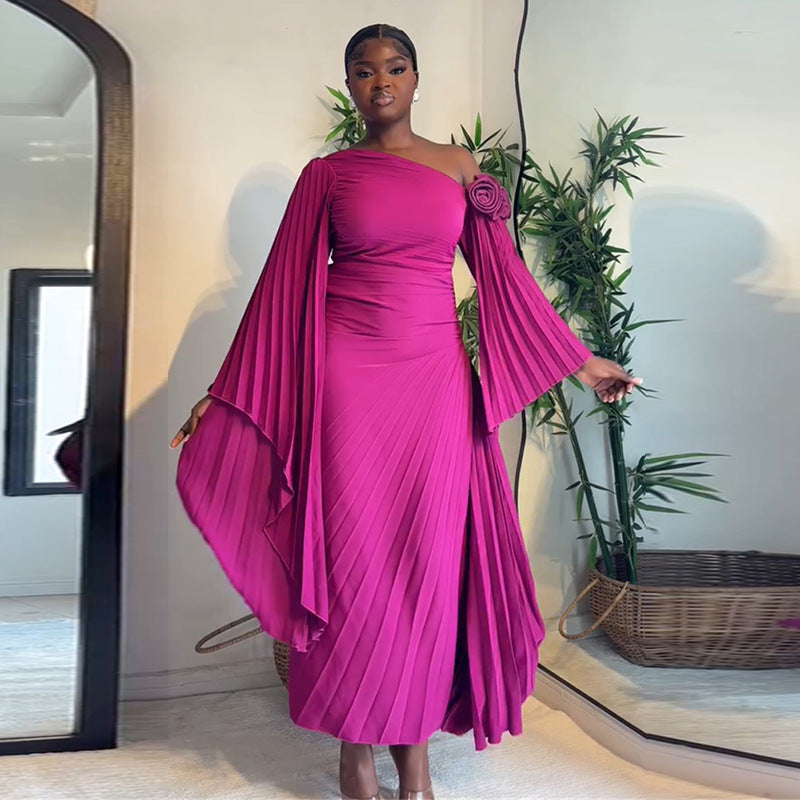 European and american women's clothing  autumn new collection: sweet and fresh asymmetrical neckline, extra-long flared sleeves, high-waisted slimming pleated maxi skirt