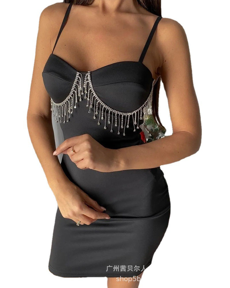 Spot 2022 European and American new fringed rhinestone suspender tight skirt