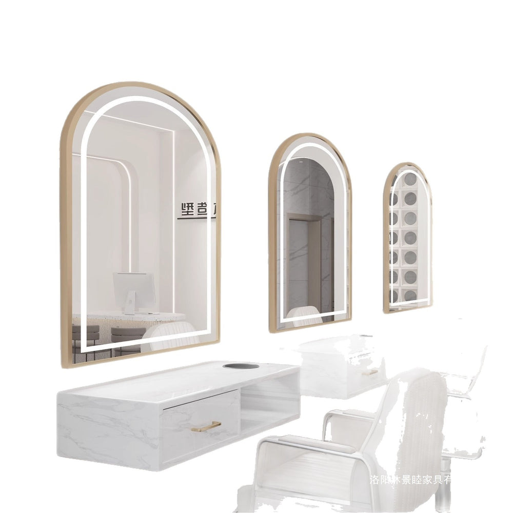Influencer-approved barber shop mirror table, salon wall-mounted minimalist hairdressing mirror, touch-control led hairdressing mirror