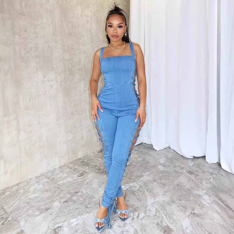 European and american cross-border women's clothing:  women's tie-waist jumpsuit, fashionable and sexy side drawstring denim overalls