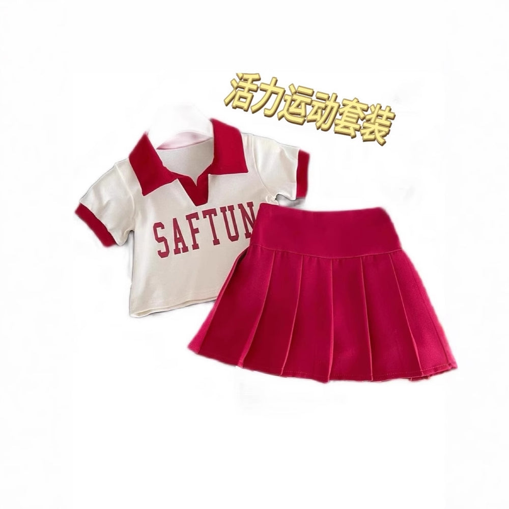 Girls' short-sleeve polo shirt & active set -  summer collection: letter print color block tee & pleated skirt set