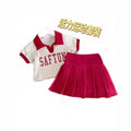 Girls' short-sleeve polo shirt & active set -  summer collection: letter print color block tee & pleated skirt set