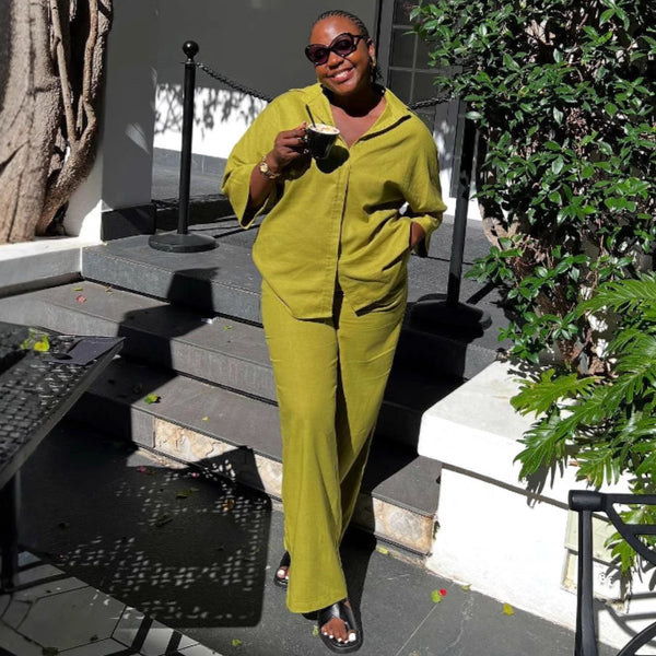 African large size women's clothing solid color lapel breasted shirt casual trousers European and American simple and generous fashion two-piece set women
