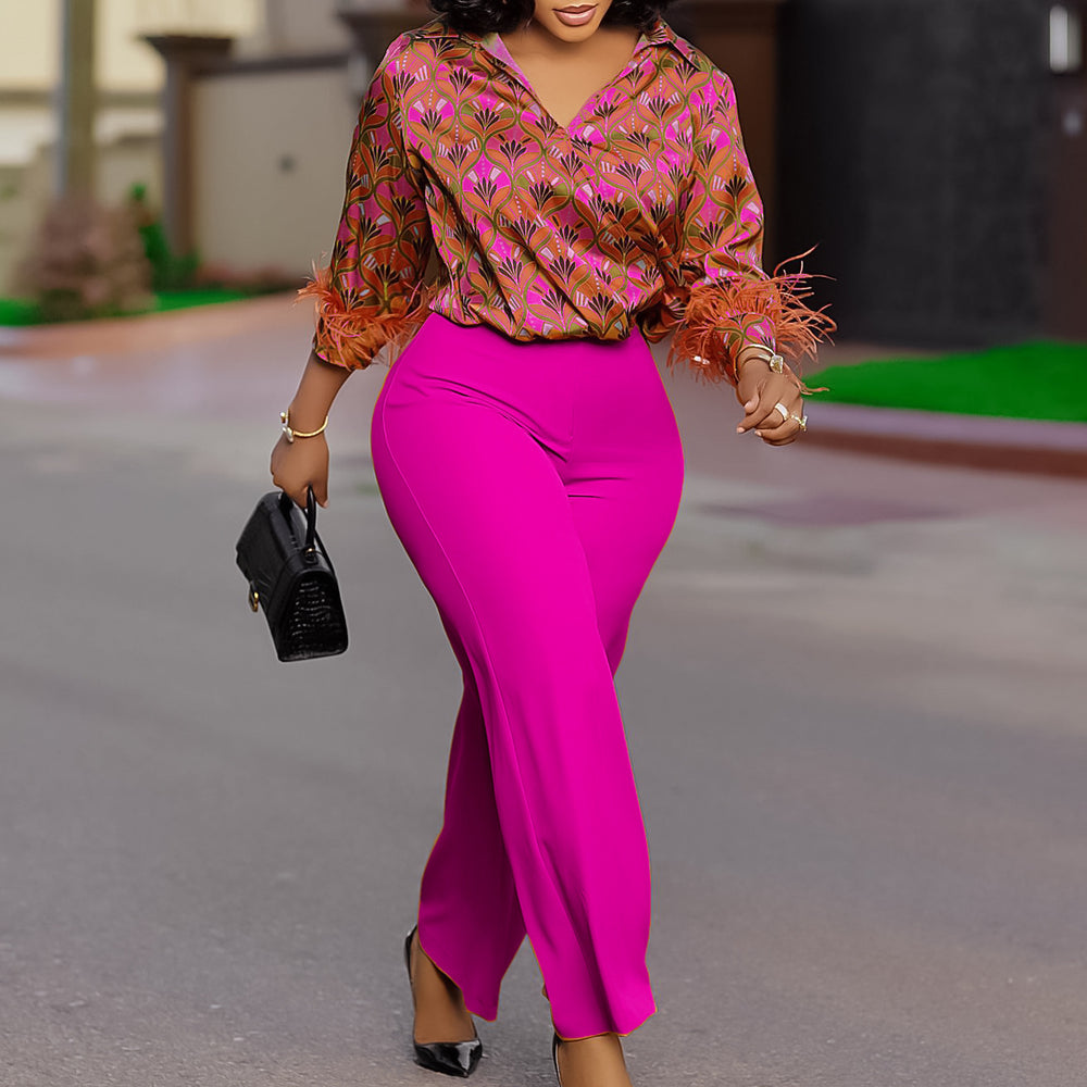 D541 european and american clothing independent station  printing long sleevesshirteleganteleganceloose pantsfashion african suit
