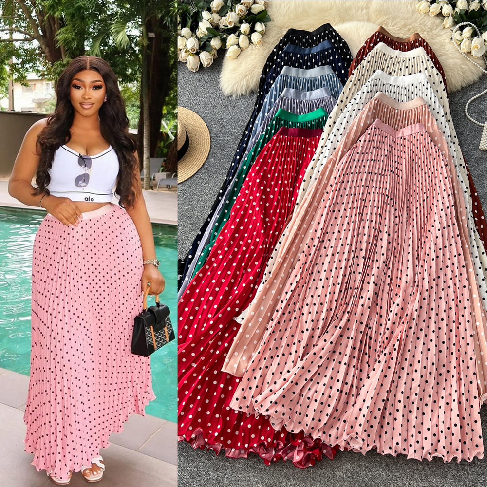 K-style polka dot pleated elegance skirt women's high waistslimming looka-line long skirtwork clothingeasiest for matchpatchworkelegant skirt